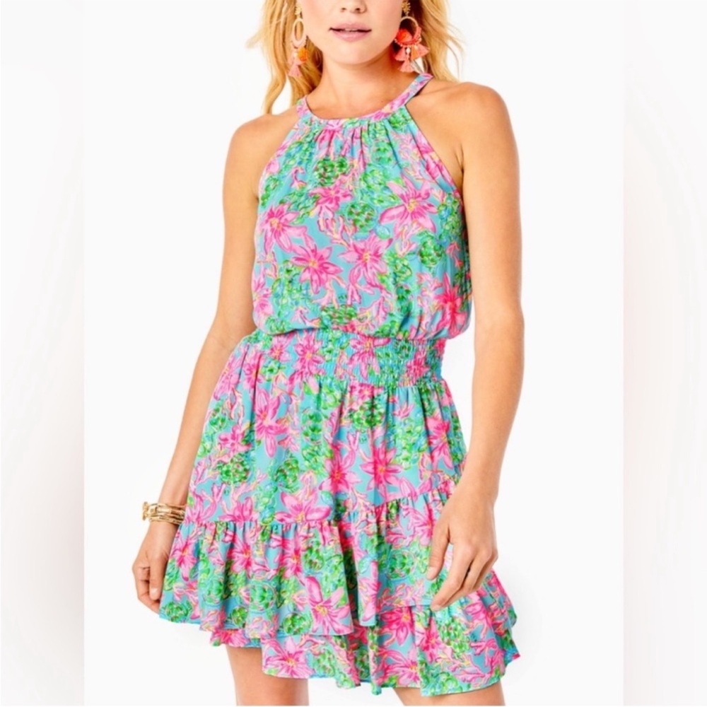 Lilly Pulitzer Pamelyn Lileeze Halter dress Surf blue So Shellegant